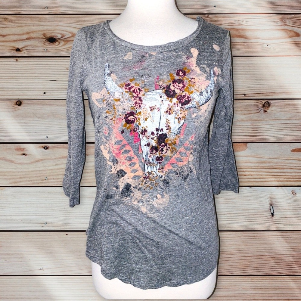 G1‎ Daytrip Buckle XS blouse shirt top Gray women's open back skull cow USA